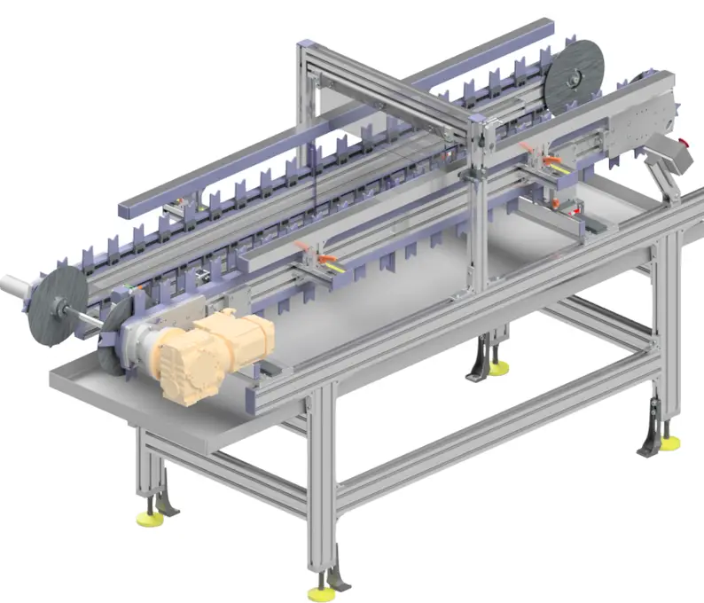 3D-Konstruktion einer Förderanlage mit Gestell aus Aluminiumprofilen